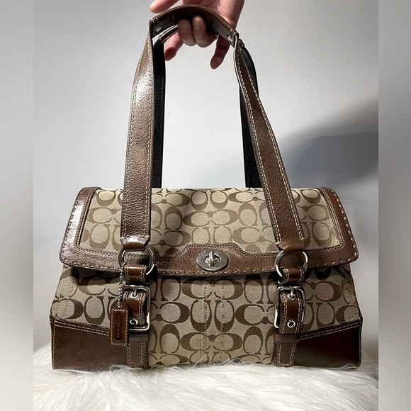 Coach Handbags - COACH EUC 👜 Large Shoulder Bag Leather & Monogrammed Textile Double Handle VTG